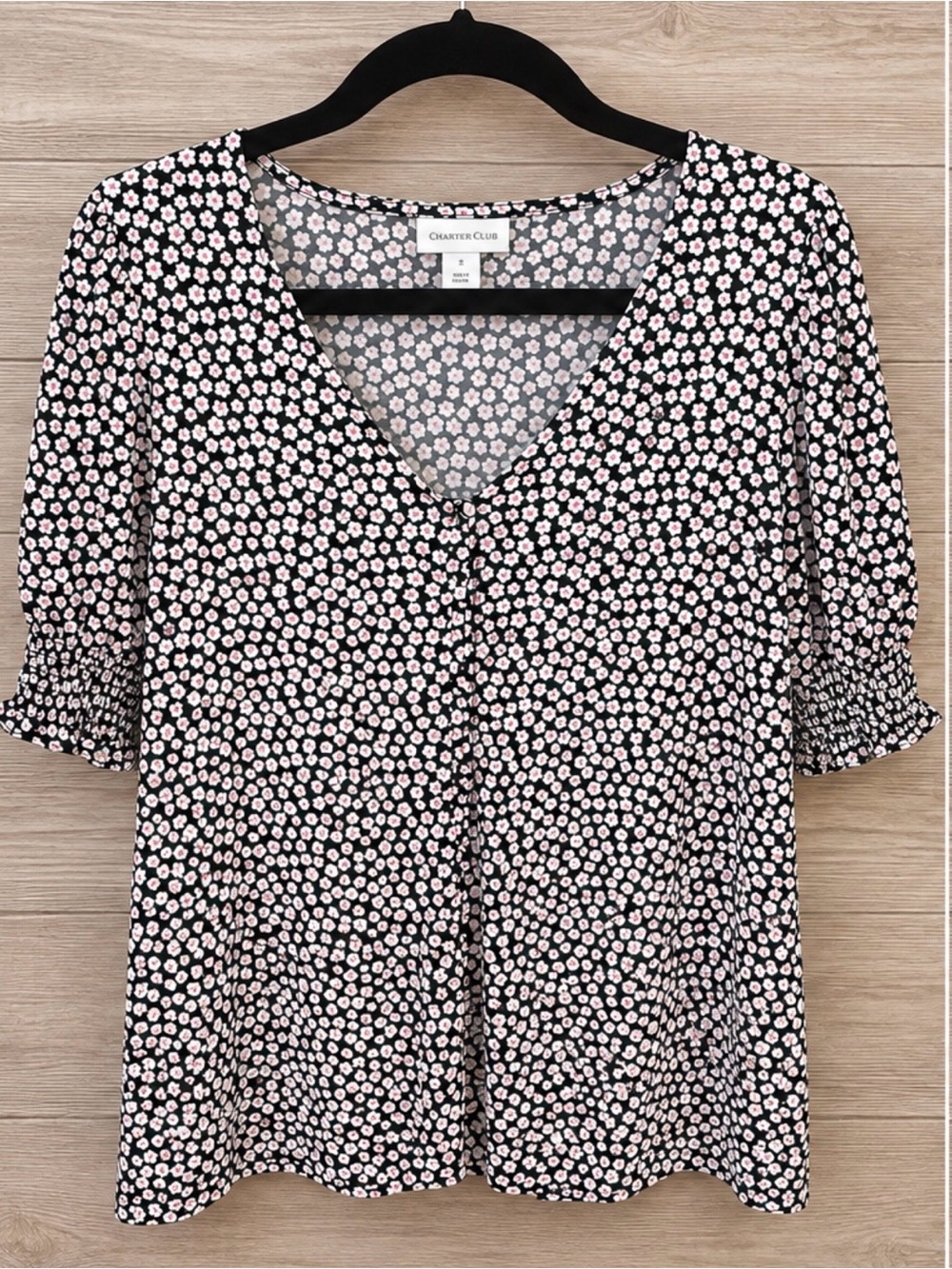 Charter Club Black Floral V-Neck Blouse with Pink Accents